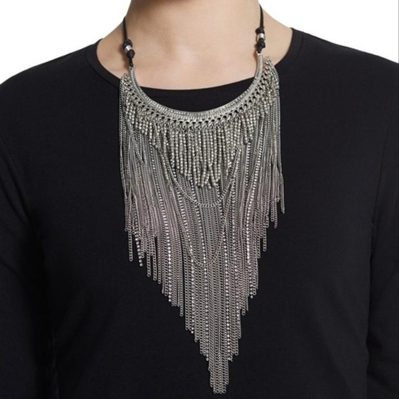 💎Josephine CHICOS Bib Strand Statement Necklace Silver Chains Rhinestone Fringe - Picture 3 of 12